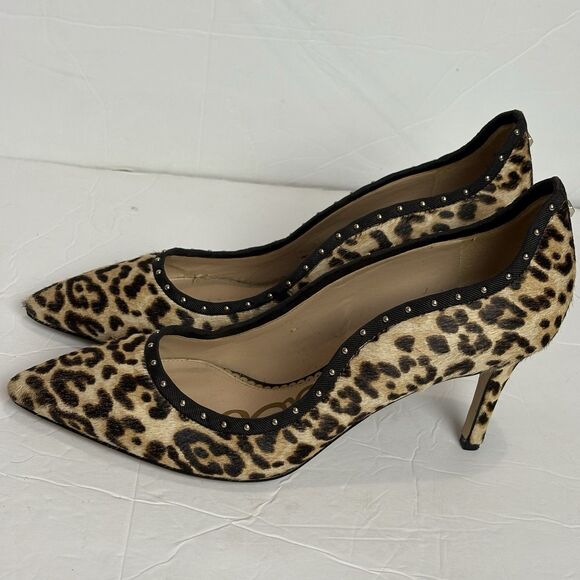 Sam Edelman Leopard Calf Hair Tiana Pointed Toe Pump High Heel Size 8M Studded - Picture 2 of 11